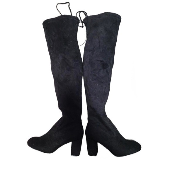 Heel Boots Over the Knee Vegan Suede Black Block Vepose NY Boho Retro Biker Goth - Picture 6 of 7